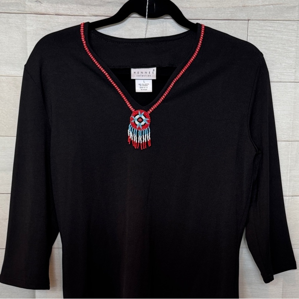 Henne Black Top with Red Beaded V-Neck size large
